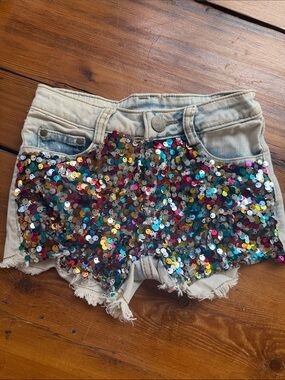 Sequin Denim Cutoff Shorts - Multicolor Sequins on Light Wash